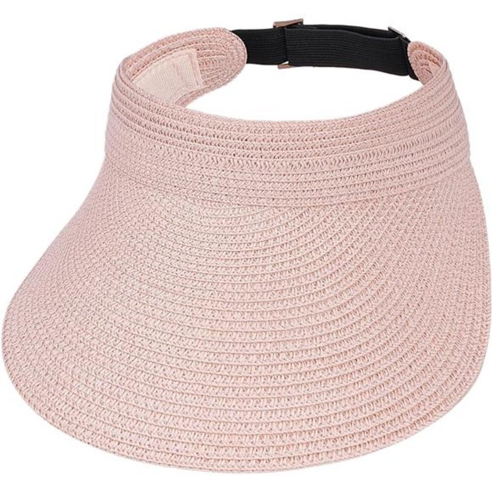 Pink Wide Brim Straw Sun Visor Hat – Adjustable Roll-Up Straw Visor for Women